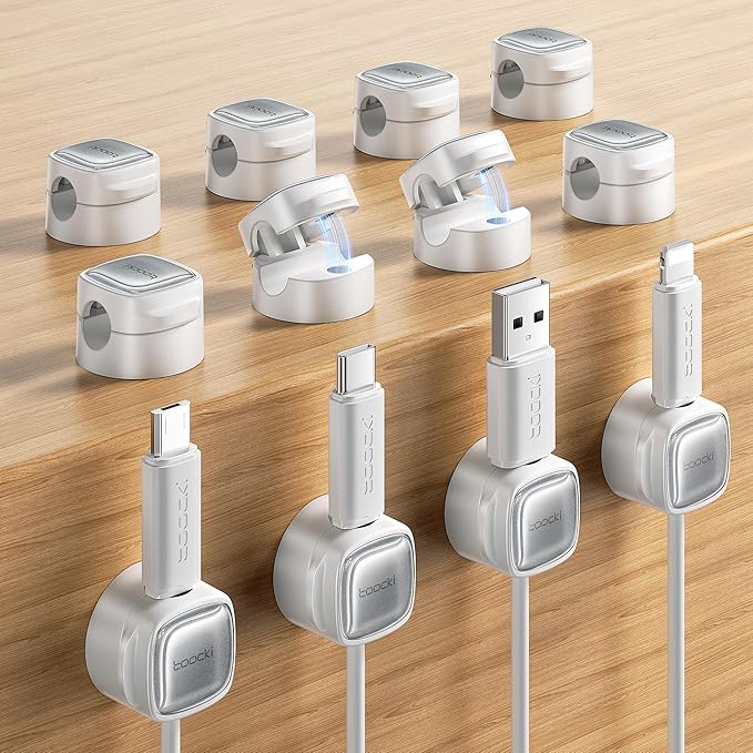 12 Pack Magnetic Cable Clips – Cord Organizer & Holder, Toocki Adhesive Cable Management, Wire Holder for USB Charging Cables, Ideal for Home, Office, Car, Desk, and Nightstand-White
