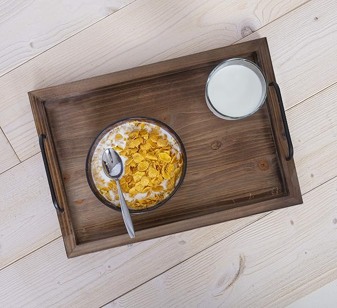 Besti Rustic Vintage Food Serving Trays (Set of 2) | Nesting Wooden Board with Metal Handles | Stylish Farmhouse Decor Serving Platters | Large: 15 x2 x11 - Small: 13 x2 x9 inches (Rustic Burnt)