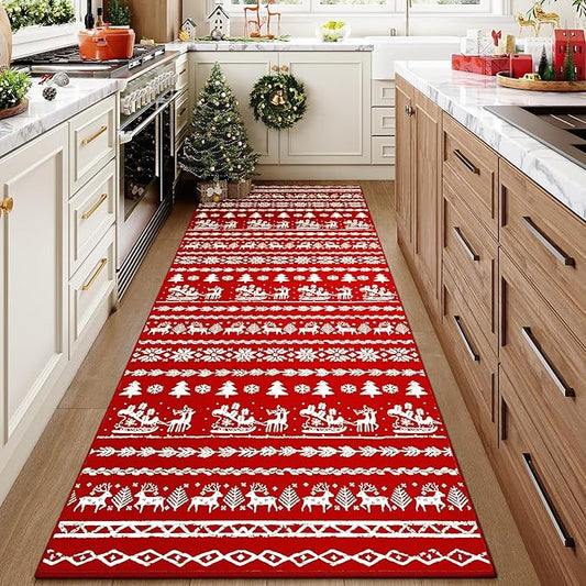 Christmas Runner Rug 2x8 Red Xmas Snowflake Washable Carpet Holiday Decor Kitchen Non Slip Soft Low Pile Long Carpet Throw Rug Laundry Room Living Room Bedroom Dining Room