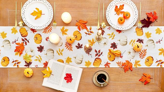 YATOJUZI Maple Leaf Pumpkin Table Runner - Fall Autumn Table Runners Home Kitchen Dining Table Decorations Decor for Thanksgiving Day Party - 13x72 Inch
