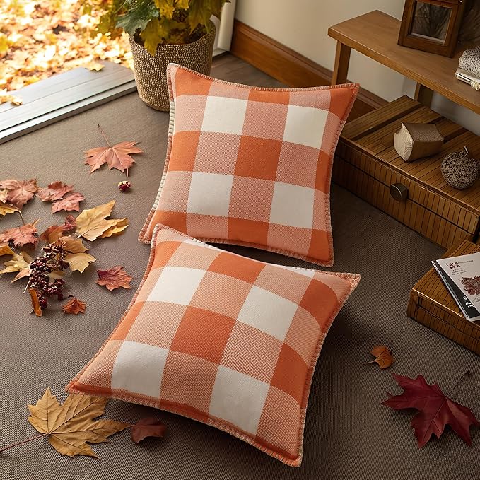 decorUhome Farmhouse Gingham Buffalo Plaid Check Throw Pillow Covers 18x18 Set of 2, Outdoor Fall Linen Decorative Pillow Covers with Stitched Edge for Bed Couch Sofa, Orange and White