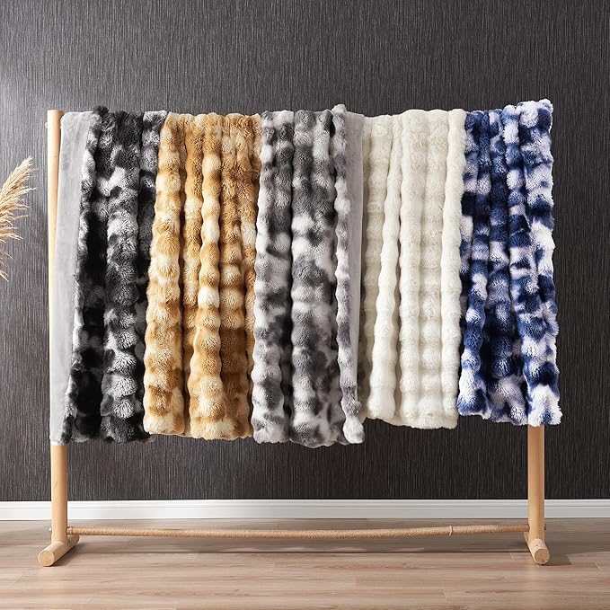 Amélie Home Faux Fur Throw Blanket for Couch, Ultra Soft Fuzzy Plush Bubble Throw for Sofa, Living Room & Home Decor, 50"x60", Tie-dye Kahki