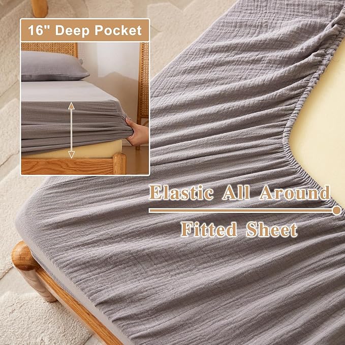 Twin Sheets Set 100% Cotton Bed Sheets 3 Pcs Gray Fall Linen Like Sheet 16" Deep Pocket Sheet & Pillowcase Sets Boho Muslin Soft Twin Bedding Sets for All Season Machine Wash