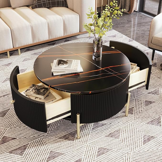 Modern Round Coffee Table with 2 Large Drawers Storage Accent Table(31.5'')