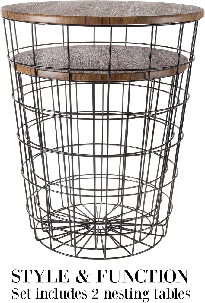 Lavish Home End Tables Set of 2 - Nesting Tables with Removable Wood Tops and Metal Basket Bases for Blanket Storage - Round Side Pieces for Living Room, Bedroom, or Home Office (Brown/Black)