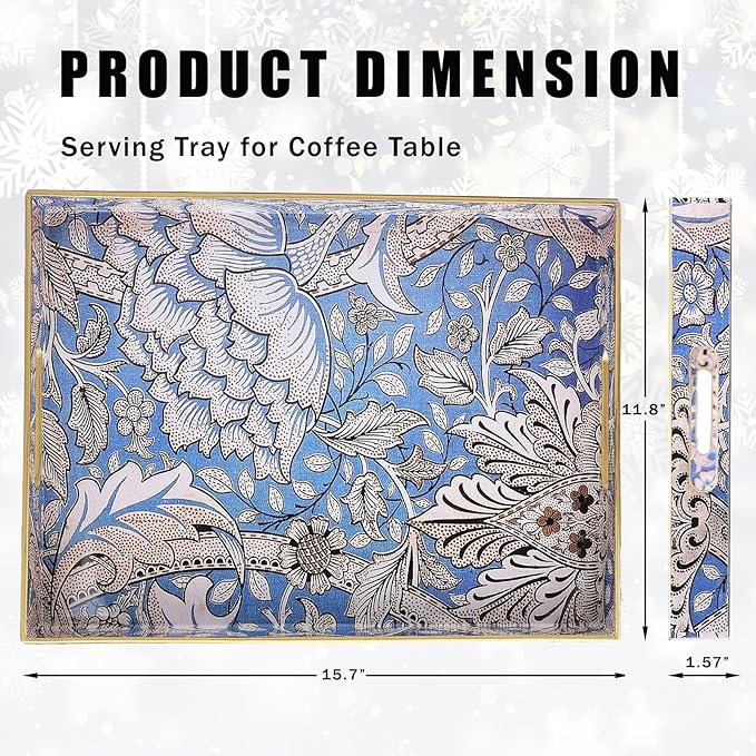 Rectangle Serving Tray with Handles, Coffee Table Tray for Ottoman, Living Room, Outdoor Tray for Patio Entertaining, Serving Breakfast Kitchen Platter, Windrush