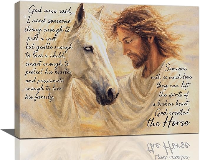 Horse Wall Art Christian Jesus Canvas Wall Decor Scripture Pictures Christ Paintings Prints Religious Bible verse Artwork Framed Decorations For Church Prayer Room Bathroom Bedroom Living Room Gifts 16" x 12"