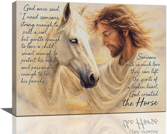 Horse Wall Art Christian Jesus Canvas Wall Decor Scripture Pictures Christ Paintings Prints Religious Bible verse Artwork Framed Decorations For Church Prayer Room Bathroom Bedroom Living Room Gifts 16" x 12"