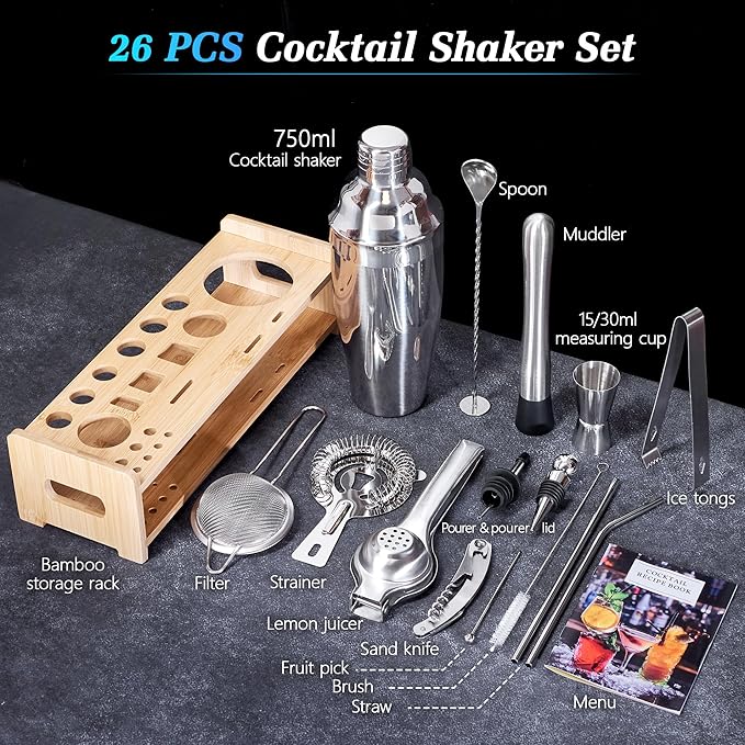JUSTDOMI 26-Piece Stainless Steel Bar Tool Set Bartender Accessories, Cocktail Shaker Set Bartender Kit with Stand, Cocktails Kit with Muddler for Bar Accessories, Home, Party Cafe Drinks-Style 2