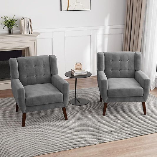 UIXE Accent Chairs Set of 2, Velvet Upholstered Armchair for Living Room, Modern Club Arm Chairs Comfy Single Sofa Button Tufted Bedroom Reading Seat - Gray