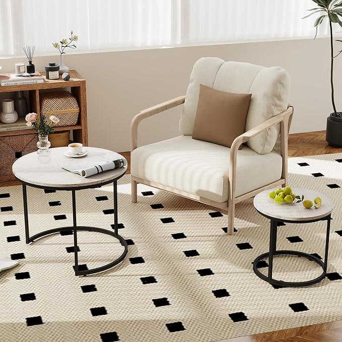 Nesting Tables Set of 2, Wood Grain Grey Round Coffee Table, Small Nesting Coffee Table with Adjustable Non-Slip Fee, Wood Grain Top Nesting Tables for Living Room, Bedroom