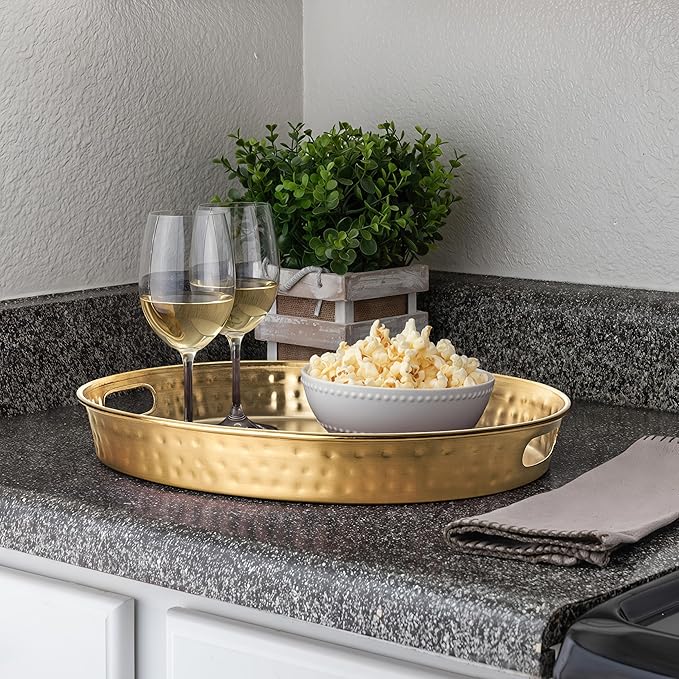 Monarch Abode Hand Hammered Metal Serving Tray with Handles, 17-Inch Brushed Gold Finish– Oval Serving Platter, Large Serving Tray for Party, Fruit Platter, Dessert Trays, Serving Dishes