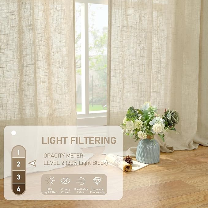 LAMIT 30 Inch Cafe Linen Curtains for Kitchen Window, Semi Sheer Light Filtering Short Curtains Back Tab and Rod Pocket Neutral Drapes for Bathroom/Basement, 2 Panels, Linen, 34 x 30 Inch