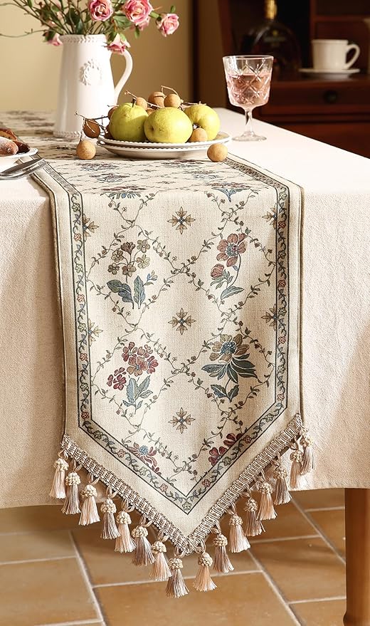 patdrea Designer Vintage Floral Linen Table Runner 87 Inch Long, Beige Cottage Rustic Bouquets Pattern Table Mat,Decor for Kitchen Dining Coffee Table Shelf Cabinet Banquet Christmas ,12"*87"
