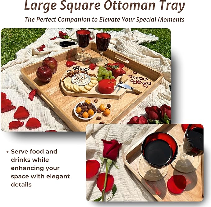 Wooden Ottoman Tray for Living Room – Large 19" Square Serving Tray with Handles & 6 Coasters Set, Ideal for Coffee Table, Couch, Kitchen, Breakfast, Food, Drinks & Home Decor