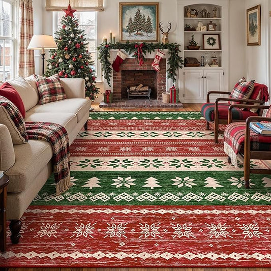 Christmas Red 8x10 Area Rug Washable Living Room Carpet Snowflake Holiday Decor Bedroom Rug Decorative Xmas Non Slip Soft Low Pile Boho Carpet Dining Room Office Playroom