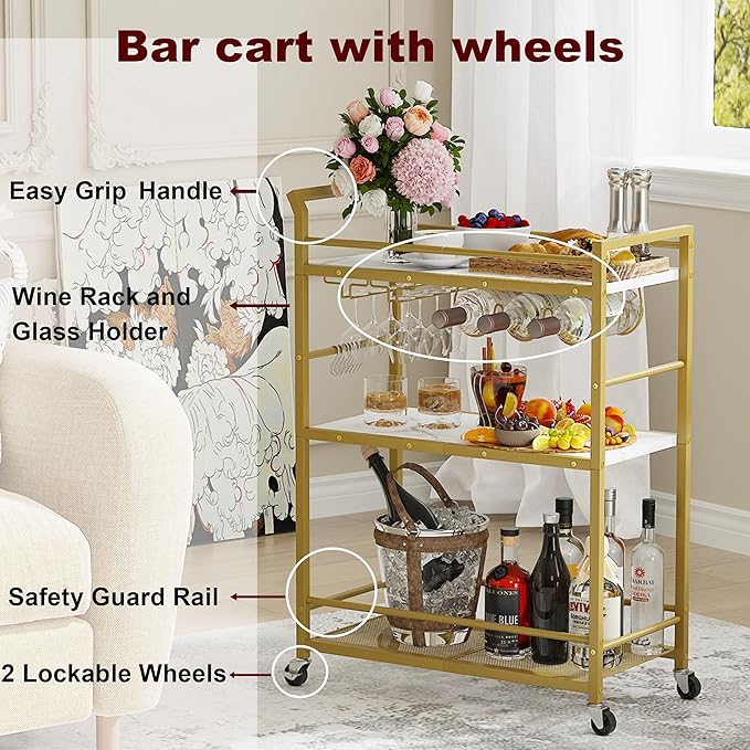 3 Tier Bar Cart, Home Bar Serving Cart with Wheels, Small Rolling Beverage Cart with Glass Holders, Mini Drink Cart with Wine Rack for Kitchen Dining Living Room Gold GBC507G