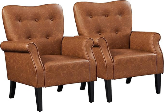 Yaheetech Modern Armchair, Mid Century PU Leather Accent Chair with Sturdy Wood Legs and High Back for Small Space, Upholstered Sofa Club Chair for Living Room/Bedroom, Set of 2, Retro Brown