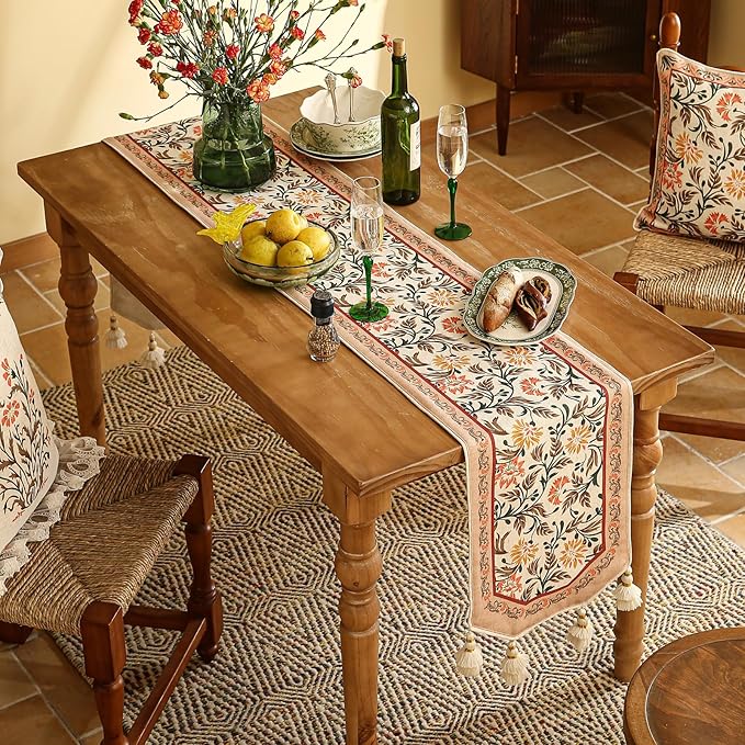 ISAENNE Designer French Elegant Linen Table Runner 87 Inches Long,Farmhouse Lily Pattern Decor Table Runners for Dining Tables,Thanksgiving,Kitchen Tables,Christmas,12"*87"-Aurora A