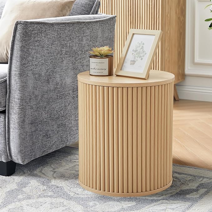 AVZEAR Fluted Round Side Table with Storage, Small End Table Modern Boho Nightstands, Circle Bedside Tables Bohemian Accent Table Wood Night Stand for Small Spaces, Living Room, Bedroom (Nature)