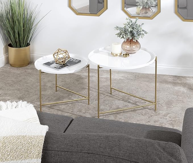 Kate and Laurel Ulani Modern Nesting Coffee Table, Set of 2, White and Gold, Glam Coffee Table Set for Storage and Display