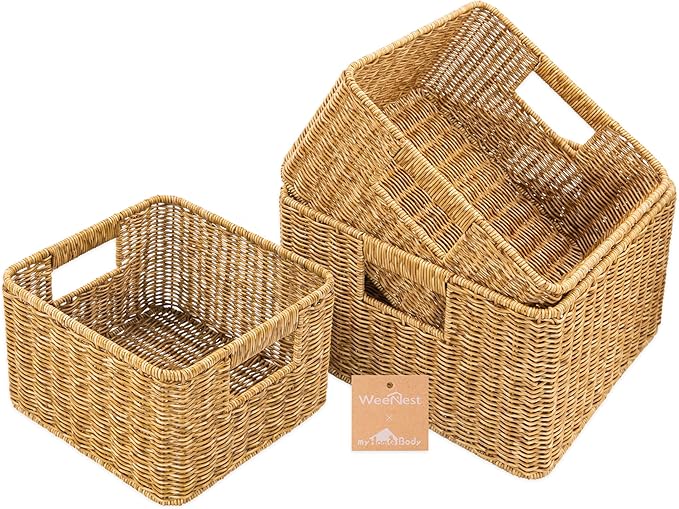 myHomeBody Wicker Storage Basket, Storage Cubes, Woven Baskets for Organizing, Resin Wicker Set of 3, Tan
