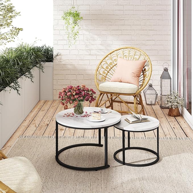 Round Nesting Coffee Table Set of 2, Black and White Faux Marble Top & Steel Frame, Modern Side End Tables for Living Room, Space Saving Accent Cocktail Table
