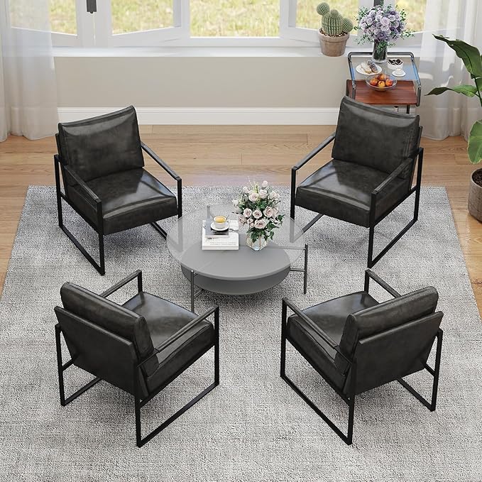 INZOY Accent Arm Chair with Metal Frame Set of 6, Comfy Living Room Chair with Plump Backrest and Cushion, Mid Century Modern Chair with Sturdy Structure, Easy to Clean, Dark Grey