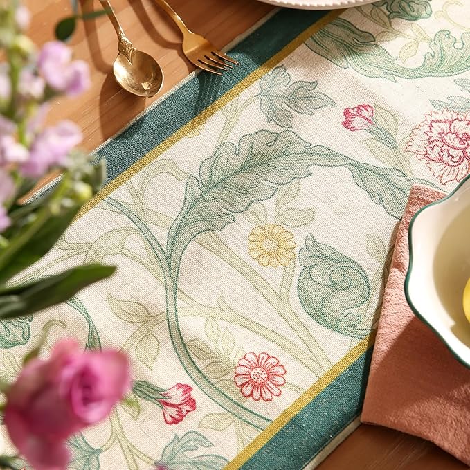 patdrea Designer Green Floral Table Runner,French Elegant Vibrant Rustic Linen with Green Leaves Patterns Fabric Table Mat,Decoration for Kitchen Dining Room Banquet Christmas,18"*87"