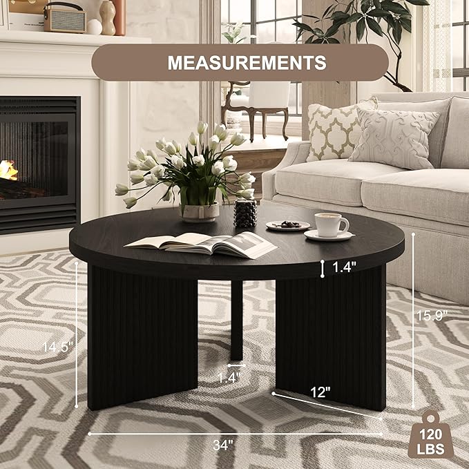 Wooden Round Coffee Table, 35" Coffee Table with Smooth Thick Mesa, Low Circle Center Table with X Shaped Stable Legs, Accent Tea Table for Living Room, Office, Black