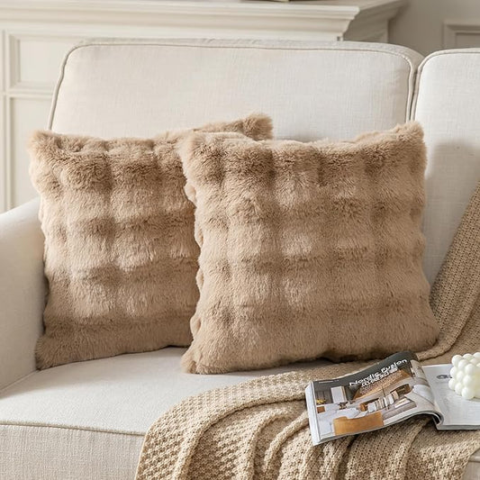 Pack of 2 Thick Plush Throw Pillow Covers Fluffy Wave Faux Fur Decorative Cushion Covers Soft Wool Pillowcase for Sofa Couch Livingroom 20x20 Inch Camel