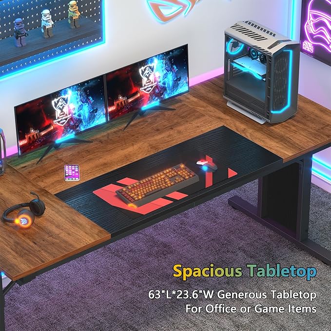 63 inch Computer Desk, Large Executive Office Desk, Gaming Desk Modern Work Desk Study Writing Table for Home Office, Brown and Black