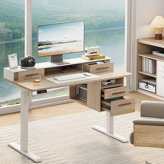 Standing Desk with 4 Drawers, 47.2 x 23.6 Inch Whole Piece Height Adjustable Electric Sit Stand Desk, Computer Home Office Workstation with Open Storage Shelf, Light Walnut