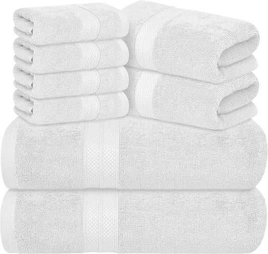 Avalon Towels Luxury 8 Piece White Towels Set, 2 Bath Towels, 2 Hand Towels and 4 Washcloths, 600 GSM 100% Ring Spun Cotton Highly Absorbent White Bathroom Towels, Ideal for Hotel, Spa and Gym