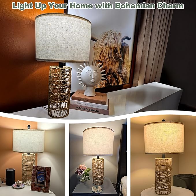 OYEARS 22.5" Boho Table Lamps Set of 2 for Living Room, Bedside Lamp for Nightstands, Rattan Lamp for Bedroom, Farmhouse Table Lamp for Room Decor, End Table, Retro, Brown（Not Include Bulbs）