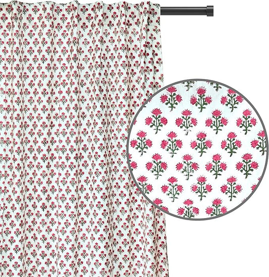 ATOSII 100% Cotton Single Panel Floral Block Print Curtain, Easy Hanging with Rod Pocket & Loop, Living Room, Dining Room, Bedroom Light Filtering Boho Curtains, Set of 1, 60"W X 108"L, Gulbahar Pink