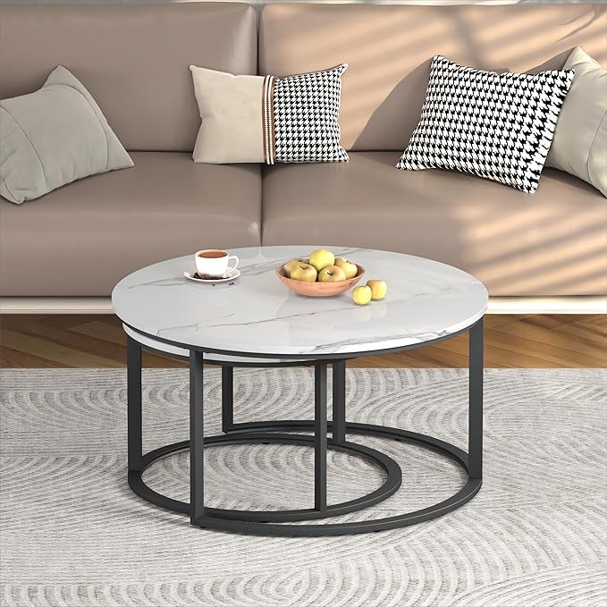 WiberWi Round Coffee Table Nesting Tables Set of 2, Large : Ø 33.5", Small : Ø 25.7", Modern Design Coffee Tables for Living Room, Metal Frame Circle Cocktail Table, High Glossy Faux White Marble