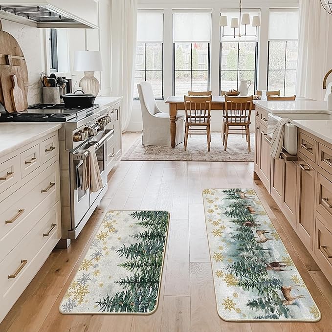 Artoid Mode Xmas Trees Deer Snowflakes Christmas Kitchen Mats Set of 2, Winter Home Decor Low-Profile Kitchen Rugs for Floor - 24x35 and 24x59 Inch