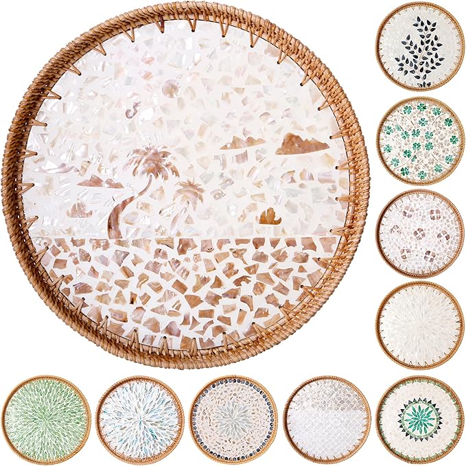 Round Rattan Tray with Mother of Pearl Inlay & Wooden Base - Decorative Wicker Serving Tray for Coffee/Bread/Fruits, Food Storage & Display - Multipurpose Home Decor (L,Island)