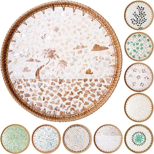 Round Rattan Tray with Mother of Pearl Inlay & Wooden Base - Decorative Wicker Serving Tray for Coffee/Bread/Fruits, Food Storage & Display - Multipurpose Home Decor (L,Island)