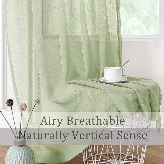 Sage Linen Sheer Curtain Panel Pairs 84 Inches Long with Grommets/Eyelets Rustic Window Treatment Drapery Sets for Living Room Bedroom Farmhouse (Green, 54"x84", 2 Panels)