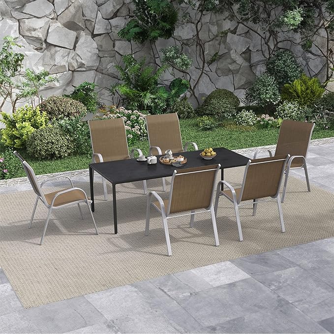 Amopatio Patio Chairs Set of 6, Stackable Dining Chairs for All Weather, Silver Outdoor Chairs Garden Outdoor Furniture for Backyard Deck, Brown