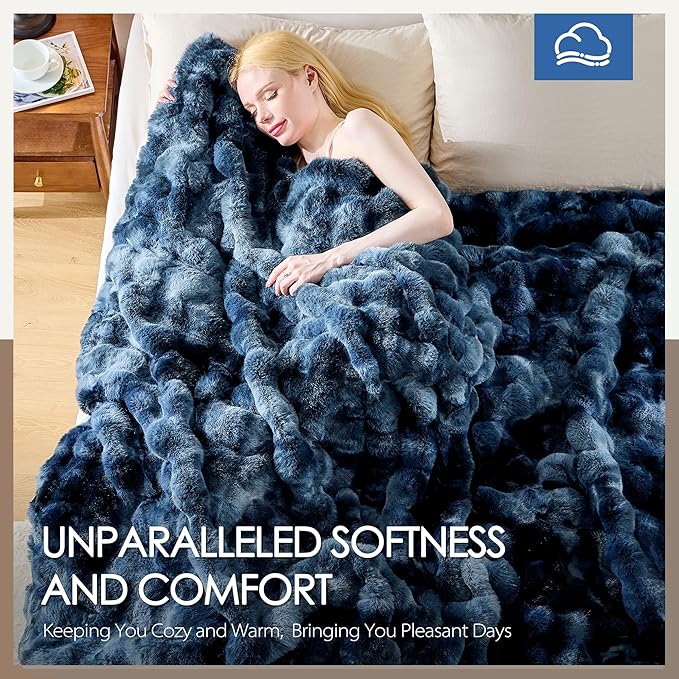 Luxury 1000GSM Faux Rabbit Fur Throw Blanket, Super Heavy Warm Cozy Blankets for Couch Bed Sofa, Bubble Plush Fuzzy Elegant Soft Reversible Mink Blanket for Living Room Bedroom, Tie-dye Blue