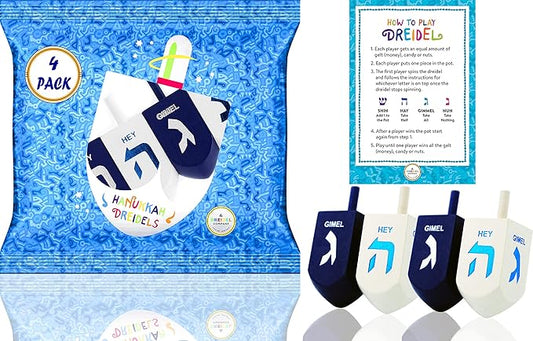 Hanukkah Dreidel Extra Large Blue & White 3" Inch Wooden Dreidels Hand Painted, Includes Game Instruction Cards (4-Pack XL)