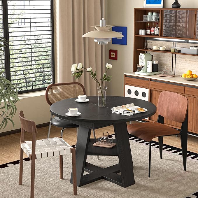 43.3in-59in Extendable Round Dining Table for 4-8,Modern Kitchen Oval Dining Table with Removable Leaves Space Saving,Wood Base with Storage Shelf for Kitchen Living Room (Black)