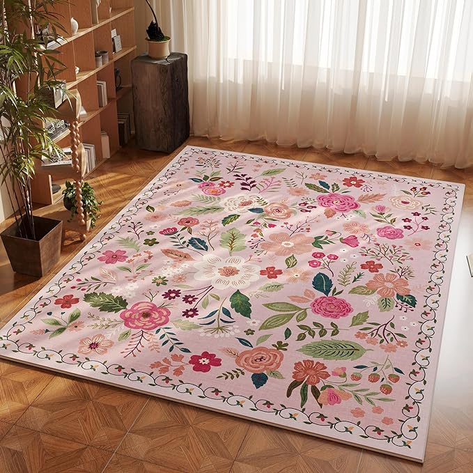 Rugcomf Area Rug 4x6 Rug Washable Boho Rugs Non Slip Low Pile Floral Small Carpet for Bedroom, Bedside, Kids Room, Office, Dining Room(Pink)