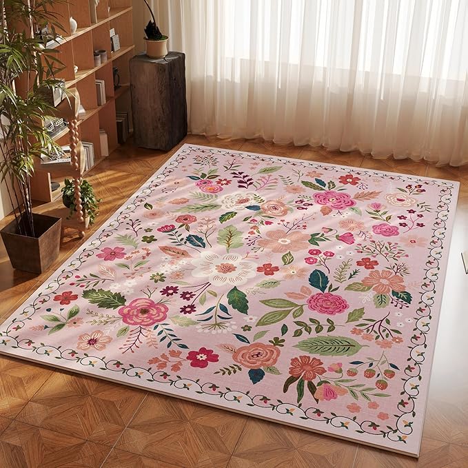 Rugcomf Bedroom Rug 3x5 Rug Washable Area Rug Non Slip Low Pile Boho Floral Small Carpet for Bedroom, Bedside, Kitchen, Entryway, Kids Room, Office, College Dorm Essentials for Girls(Pink)