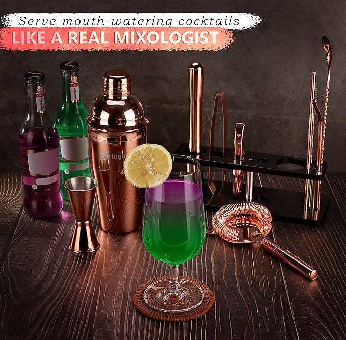 Bartender Kit with Stand, 11 Piece Set, Cocktail Shaker Set 24 oz Shaker Bar Tool Set for Beginner with Recipe