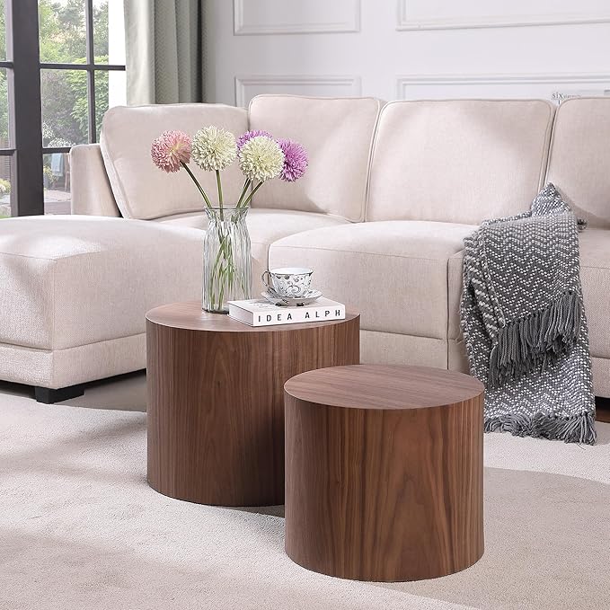 Round Coffee Table Set of 2, Nesting Coffee Table and End Table Set Wood Small Circle Drum Side Table for Living Room Office, No Assembly,Walnut
