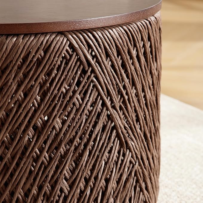 Large Farmhouse Round Coffee Table with Storage Boho Living Room Table Hand-Woven Rattan Nesting Coffee Tables for Living Room, Brown